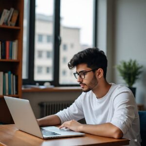Person working at a laptop indoors.